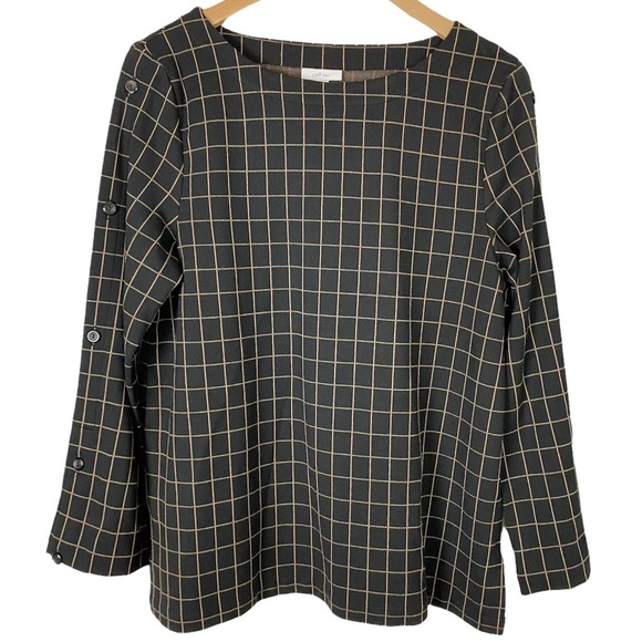 J. JILL Ponte Knit Black Tan Windowpane Grid Boat Neck Tunic Top Medium - Picture 1 of 12